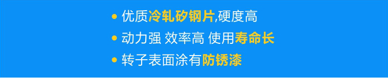 使用優(yōu)質(zhì)冷軋矽鋼片，硬度高；轉(zhuǎn)子經(jīng)高頻淬火，動力強 效率高 壽命長；轉(zhuǎn)子表面涂有防銹漆，更耐用！